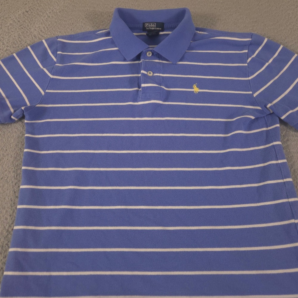 VINTAGE Polo Ralph Lauren Polo Shirt Boys L Blue White Striped Cotton Pony 90s